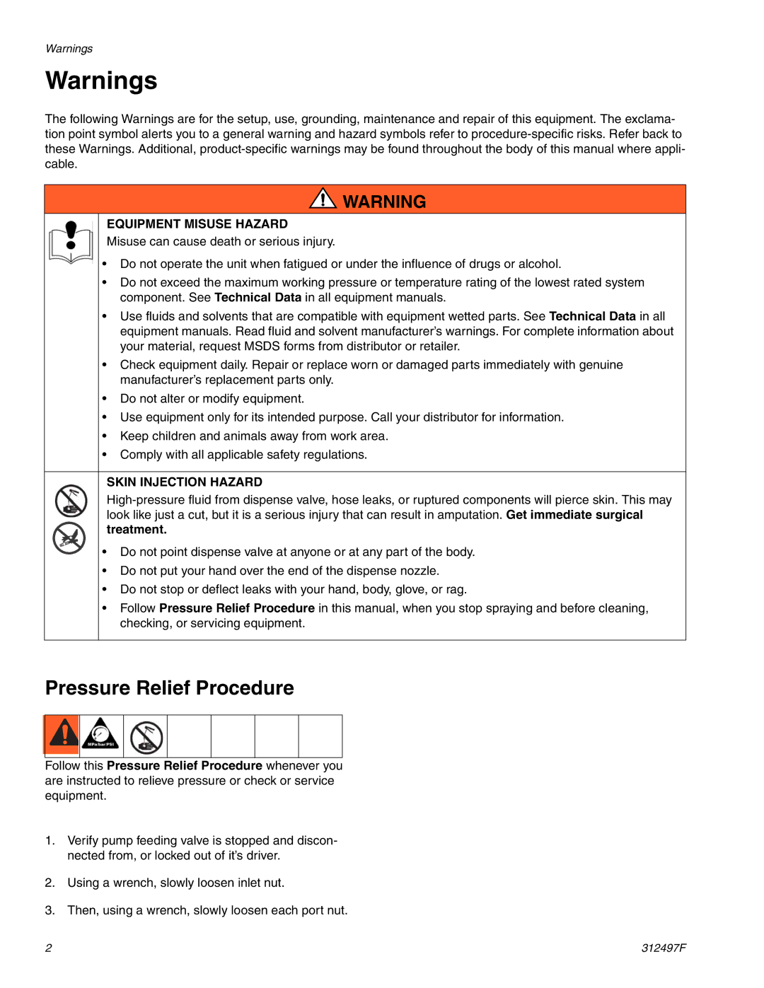 Graco 312497F important safety instructions Pressure Relief Procedure 