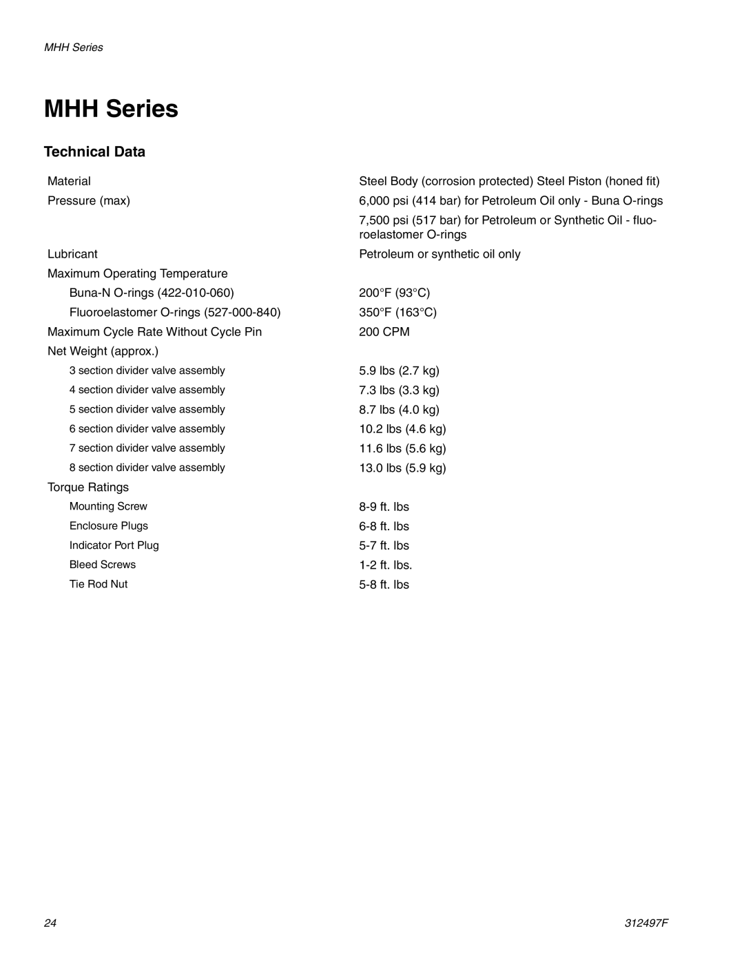 Graco 312497F important safety instructions MHH Series, Technical Data 