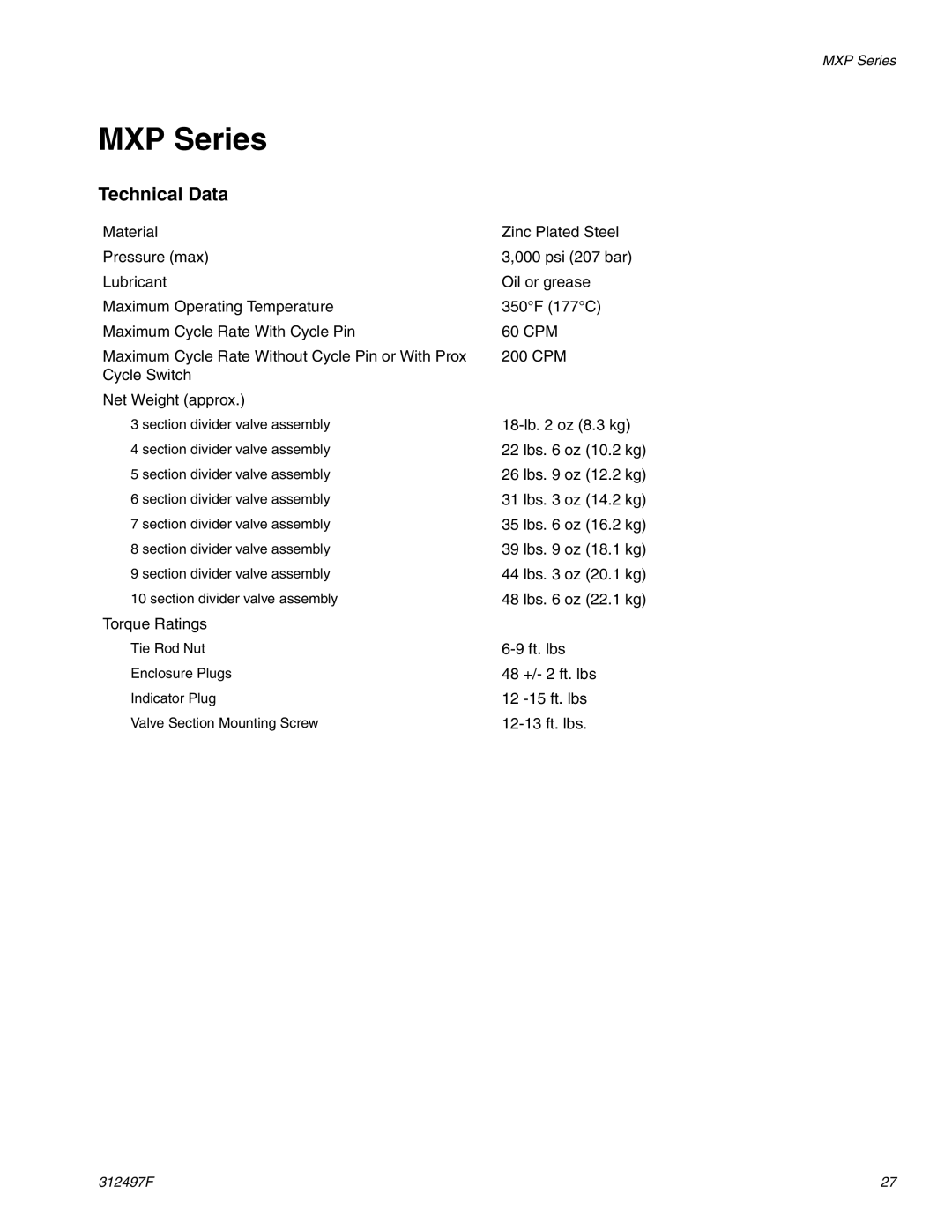 Graco 312497F important safety instructions MXP Series, Technical Data 