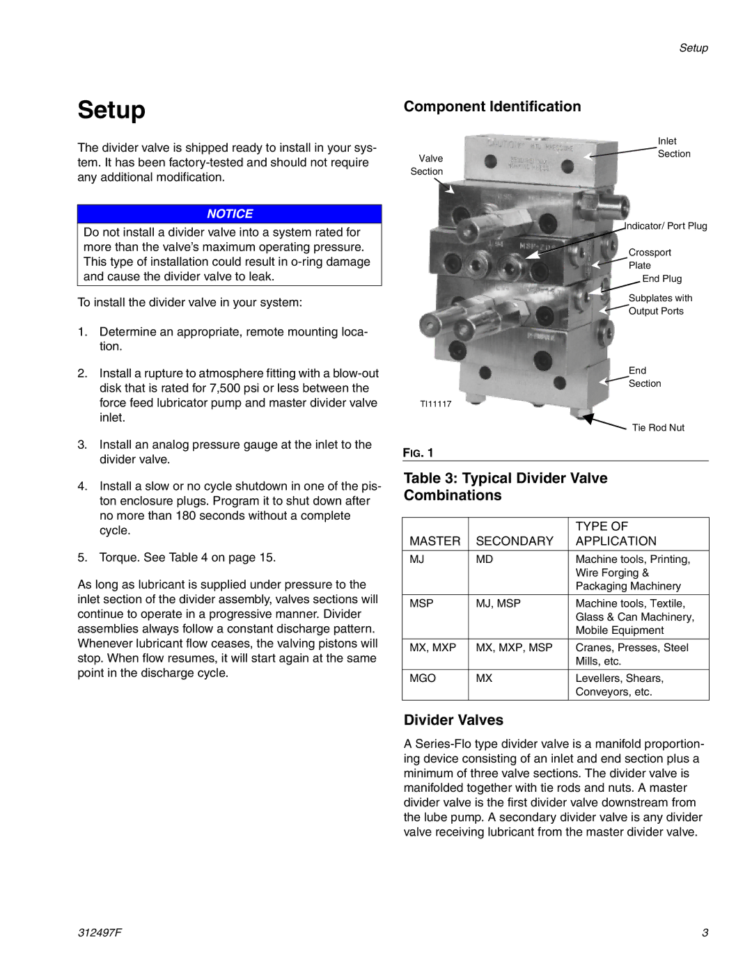 Graco 312497F Setup, Component Identification, Typical Divider Valve Combinations, Divider Valves 