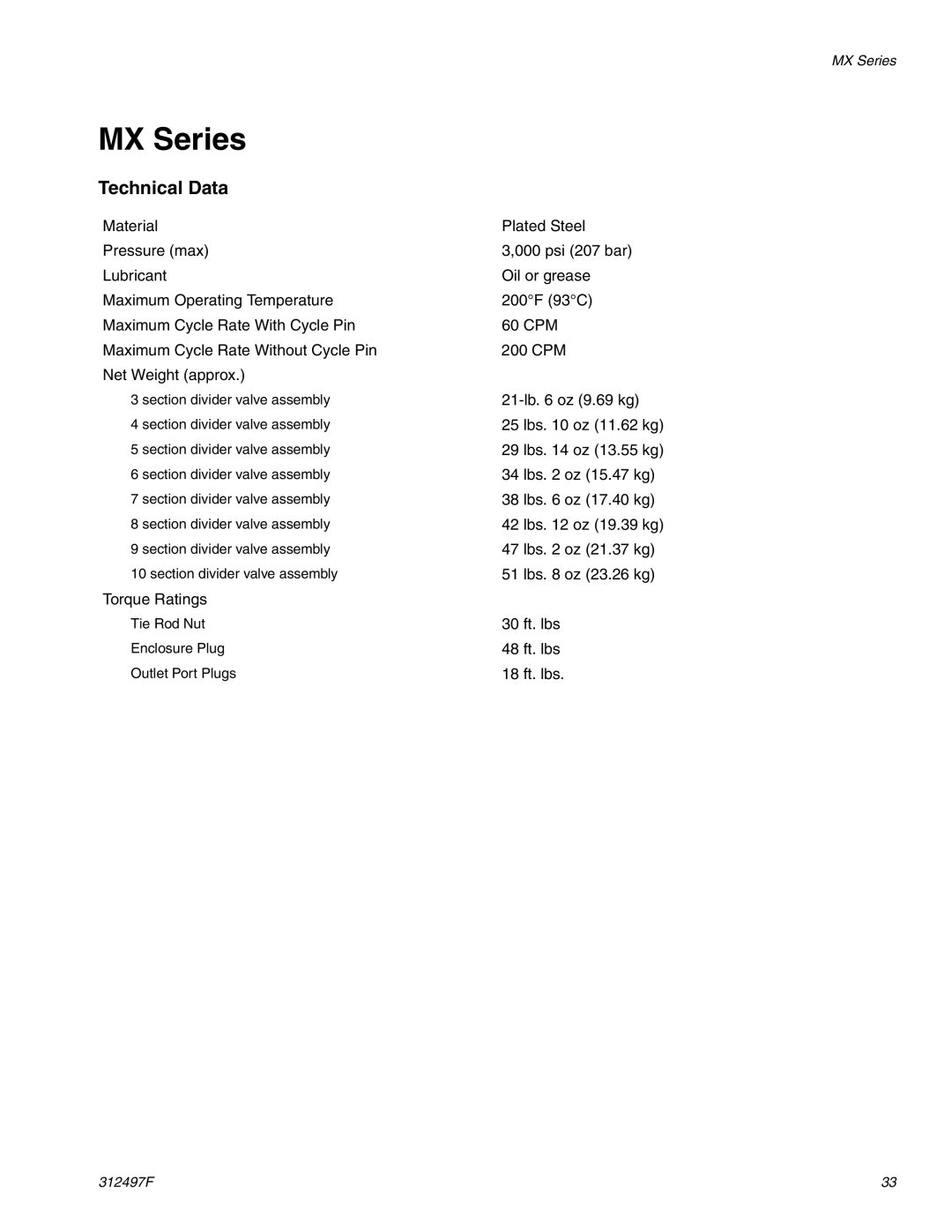 Graco 312497F important safety instructions MX Series, Technical Data 