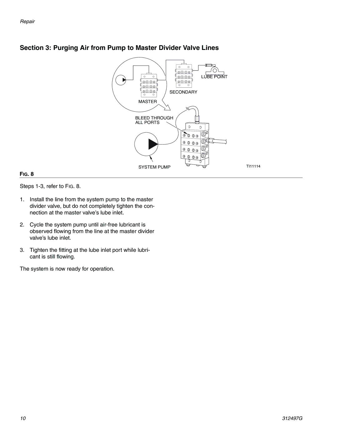 Graco 312497G important safety instructions Purging Air from Pump to Master Divider Valve Lines 