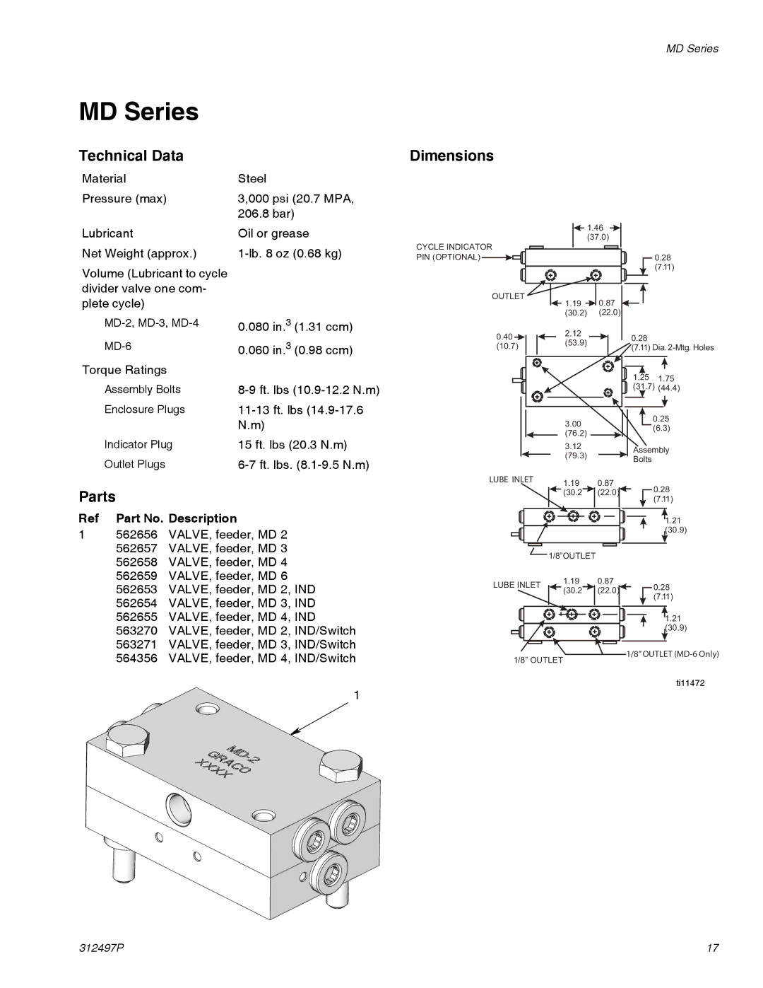 Graco 312497P important safety instructions MD Series, Technical Data Dimensions, Parts, Part No. Description 