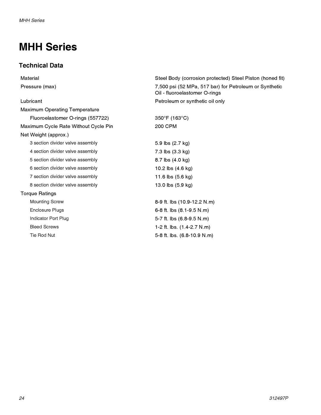 Graco 312497P important safety instructions MHH Series, Technical Data 