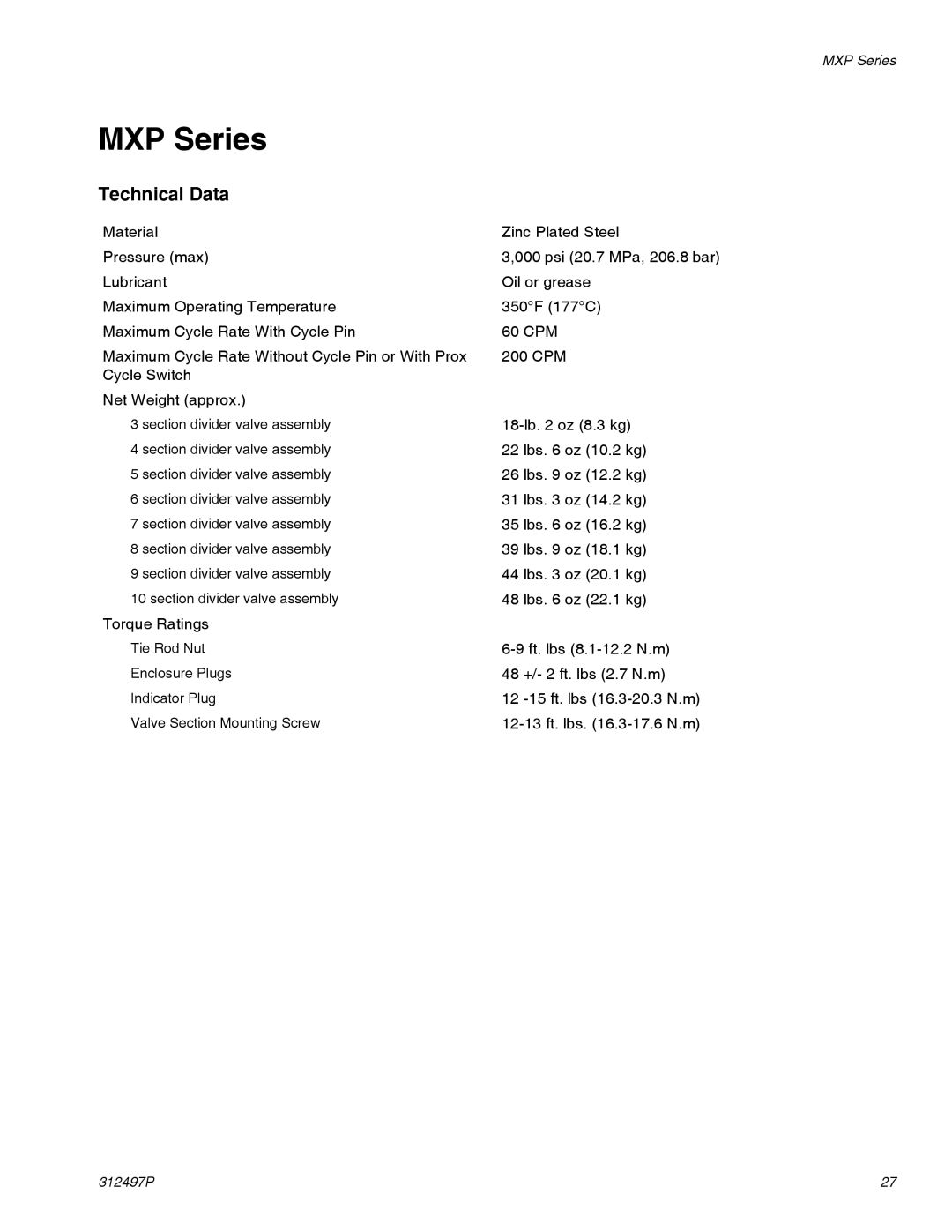 Graco 312497P important safety instructions MXP Series, Technical Data 