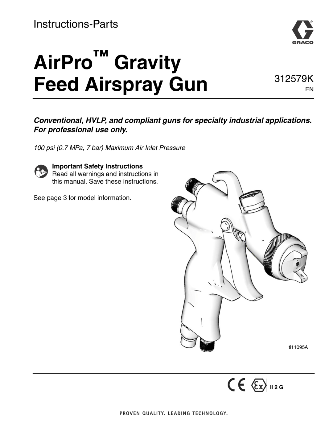 Graco 312579K important safety instructions AirPro Gravity Feed Airspray Gun, Important Safety Instructions 