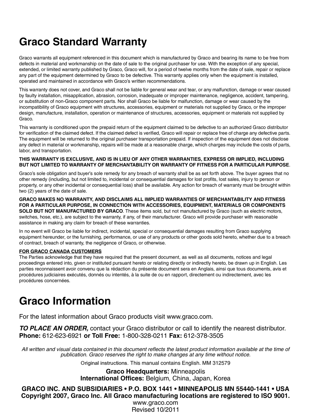 Graco 312579K important safety instructions Graco Standard Warranty, Graco Information, Graco Headquarters Minneapolis 