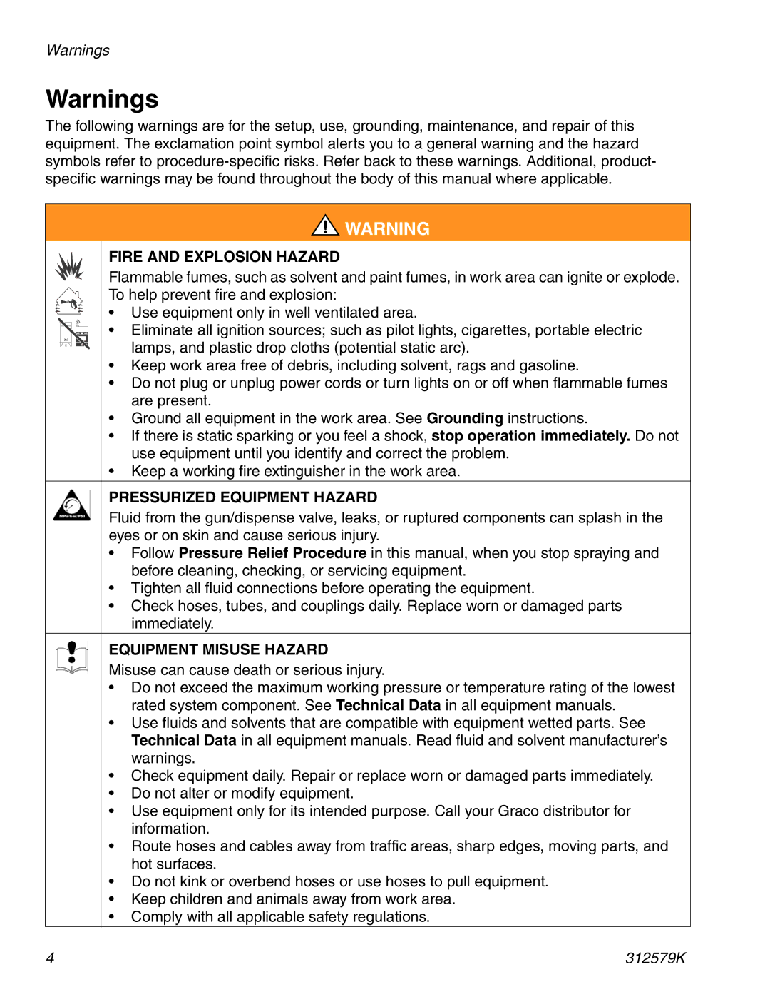 Graco 312579K important safety instructions Fire and Explosion Hazard 