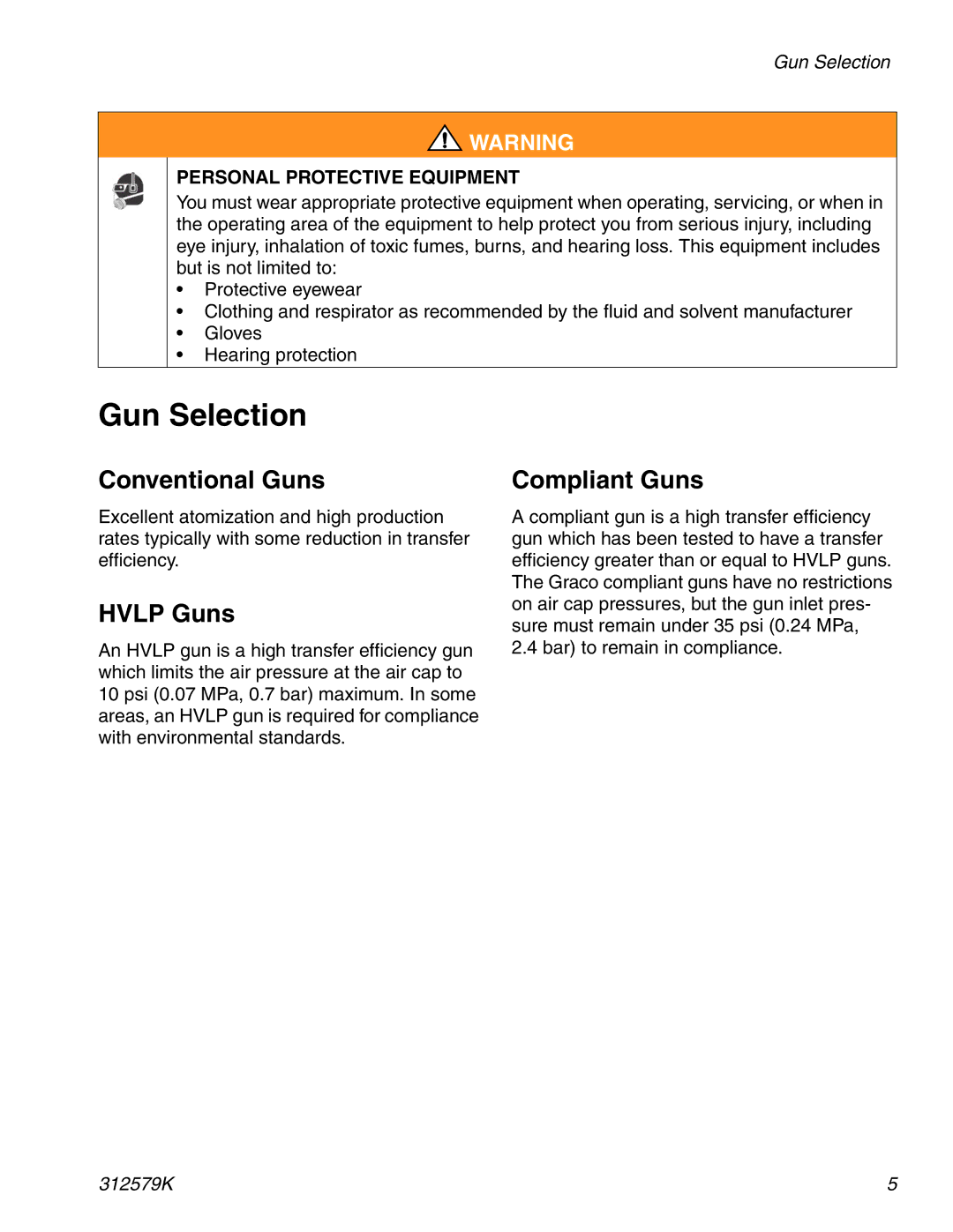 Graco 312579K important safety instructions Gun Selection, Conventional Guns, Hvlp Guns, Compliant Guns 