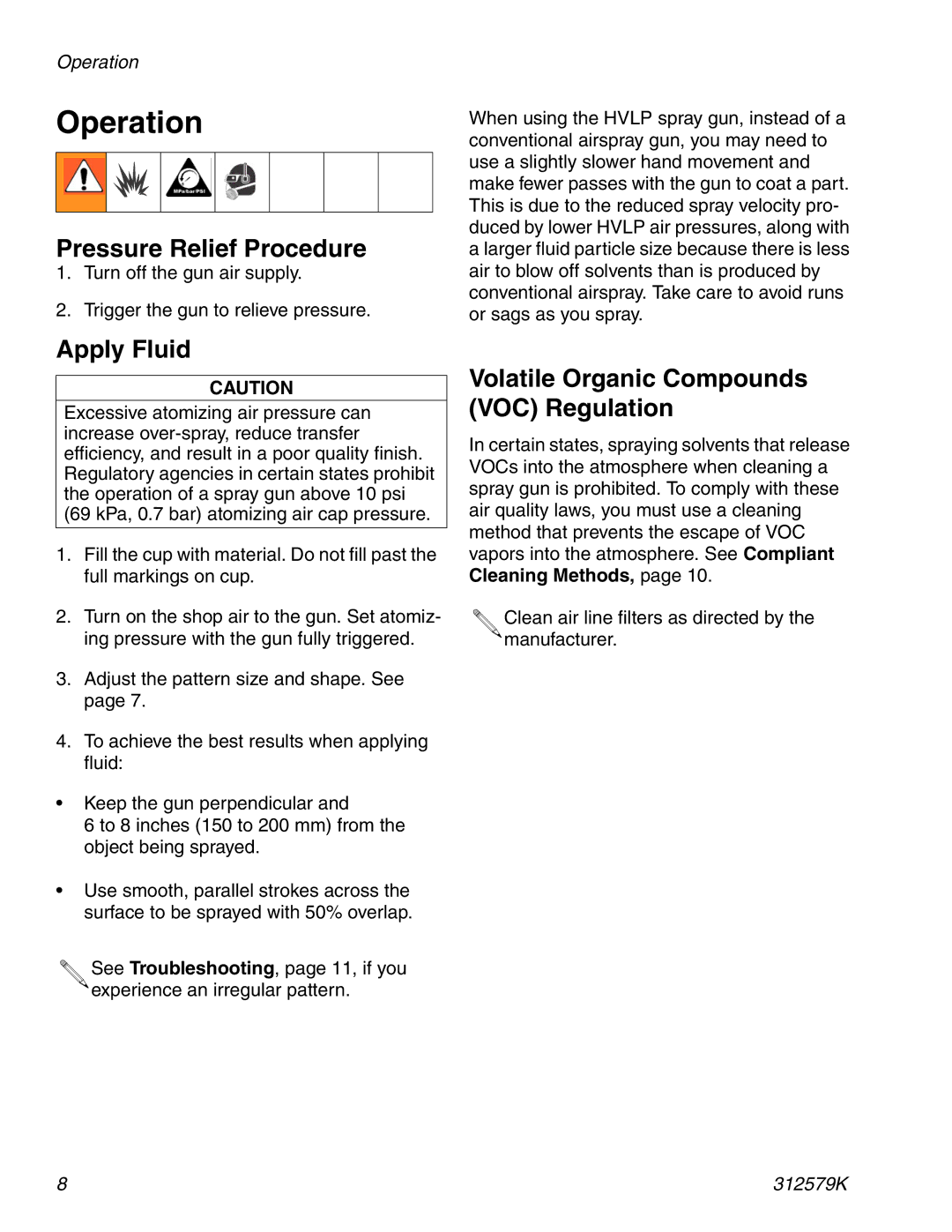 Graco 312579K Operation, Pressure Relief Procedure, Apply Fluid, Volatile Organic Compounds VOC Regulation 