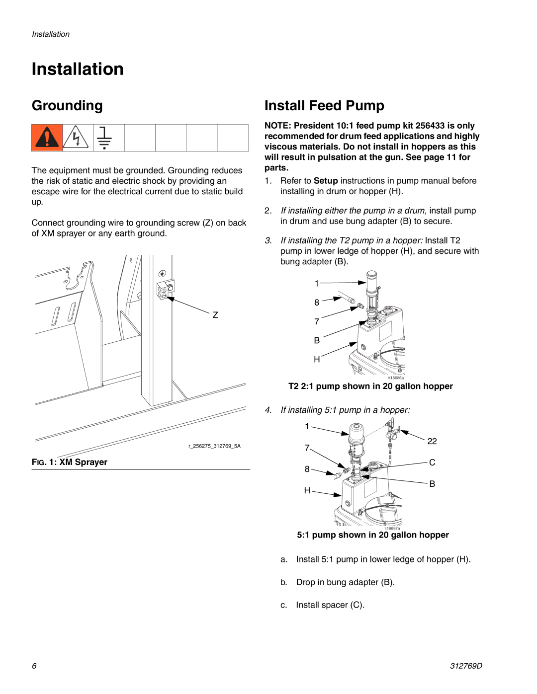 Graco 312769D Installation, Grounding, Install Feed Pump, T2 21 pump shown in 20 gallon hopper 