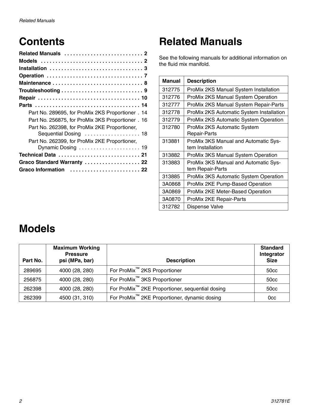 Graco 312781E important safety instructions Contents, Related Manuals, Models 