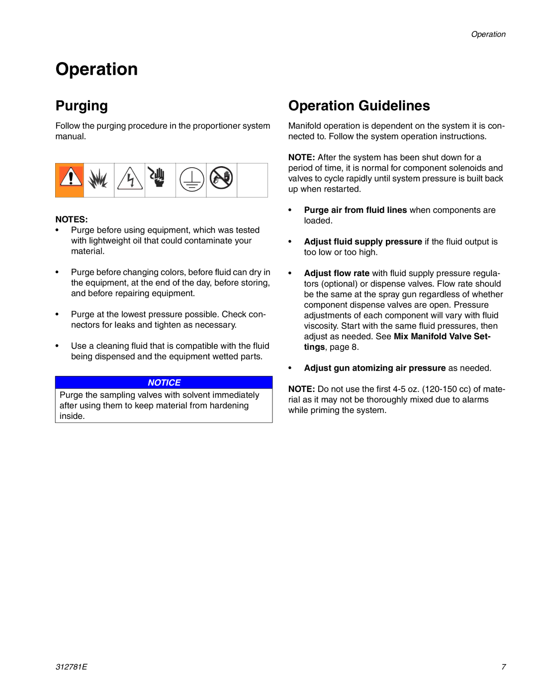 Graco 312781E important safety instructions Purging, Operation Guidelines, Adjust gun atomizing air pressure as needed 