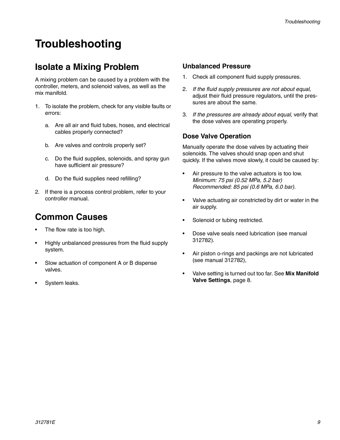 Graco 312781E Troubleshooting, Isolate a Mixing Problem, Common Causes, Unbalanced Pressure, Dose Valve Operation 