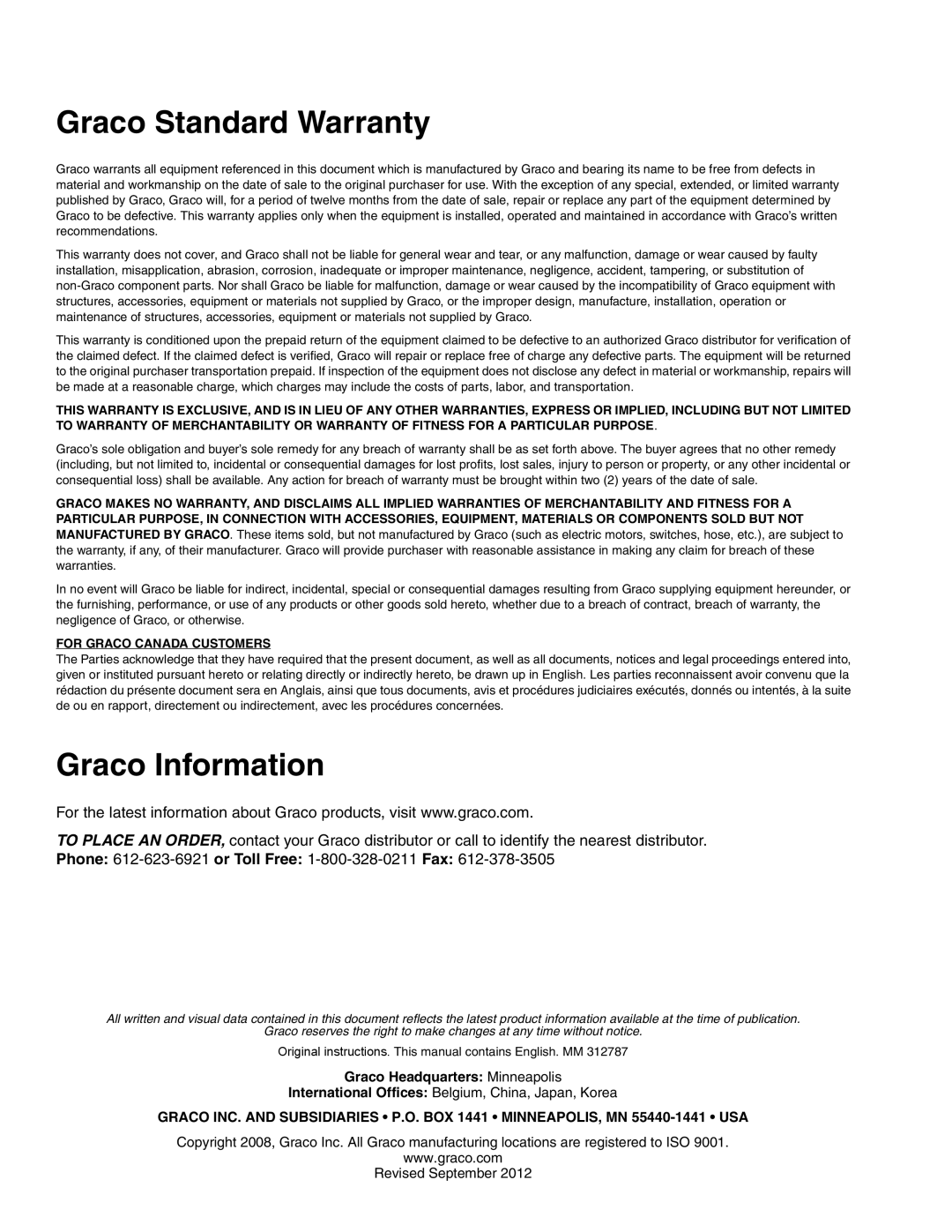 Graco 312787G important safety instructions Graco Standard Warranty, Graco Information 