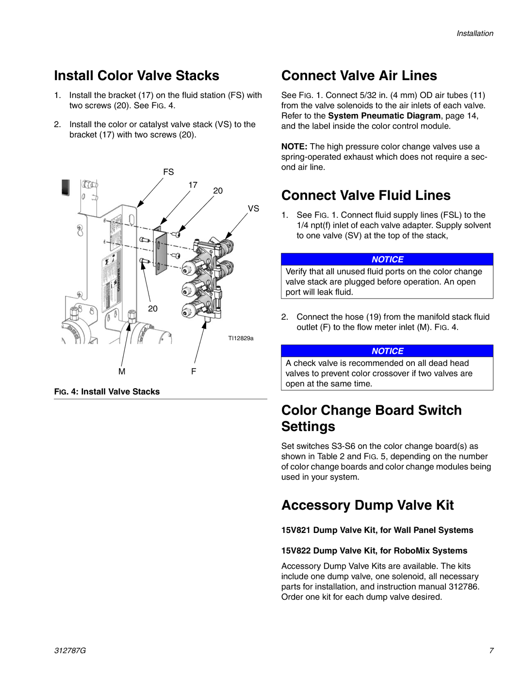 Graco 312787G Install Color Valve Stacks, Connect Valve Air Lines, Connect Valve Fluid Lines, Accessory Dump Valve Kit 