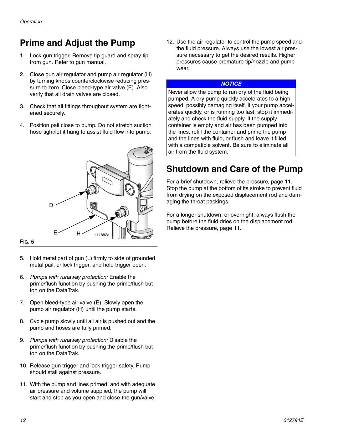 Graco 312794E important safety instructions Prime and Adjust the Pump, Shutdown and Care of the Pump 