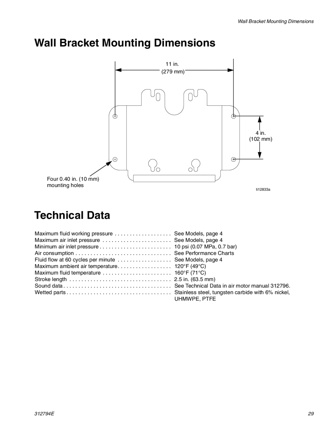 Graco 312794E important safety instructions Wall Bracket Mounting Dimensions, Technical Data 