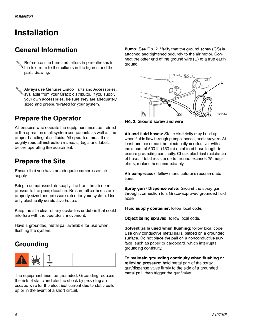 Graco 312794E Installation, General Information, Prepare the Operator Prepare the Site, Grounding 