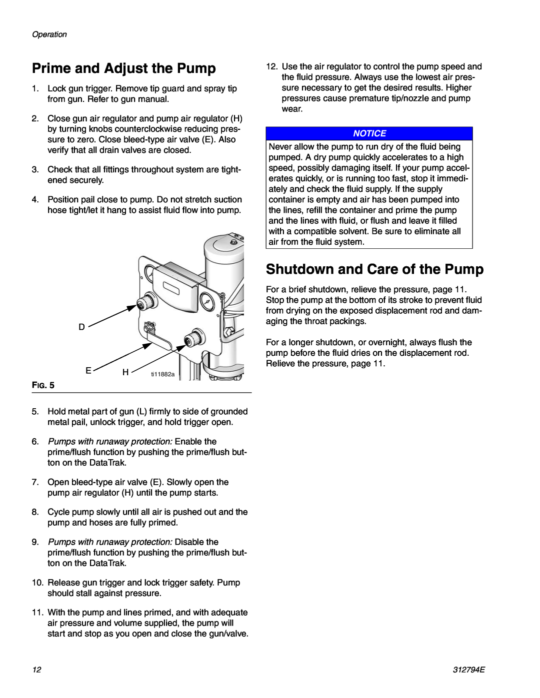 Graco 312794E important safety instructions Prime and Adjust the Pump, Shutdown and Care of the Pump 