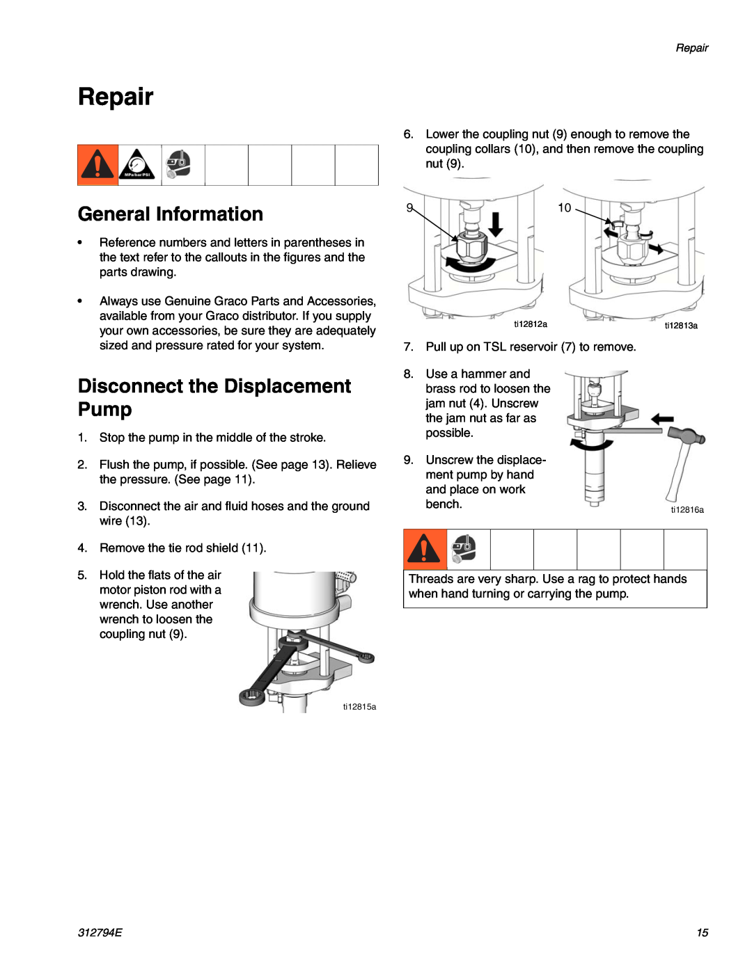 Graco 312794E important safety instructions Repair, Disconnect the Displacement Pump, General Information 
