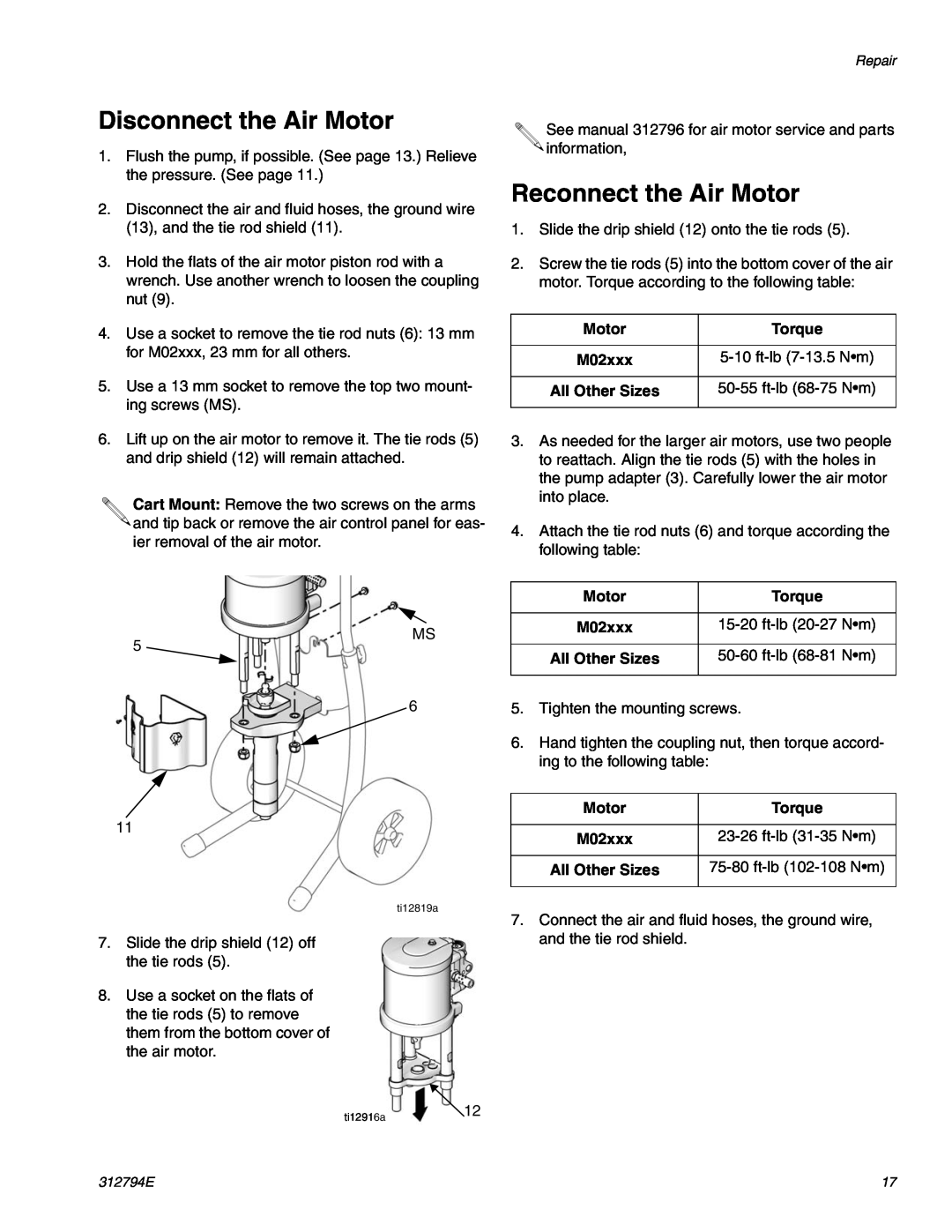 Graco 312794E important safety instructions Disconnect the Air Motor, Reconnect the Air Motor, Torque, All Other Sizes 