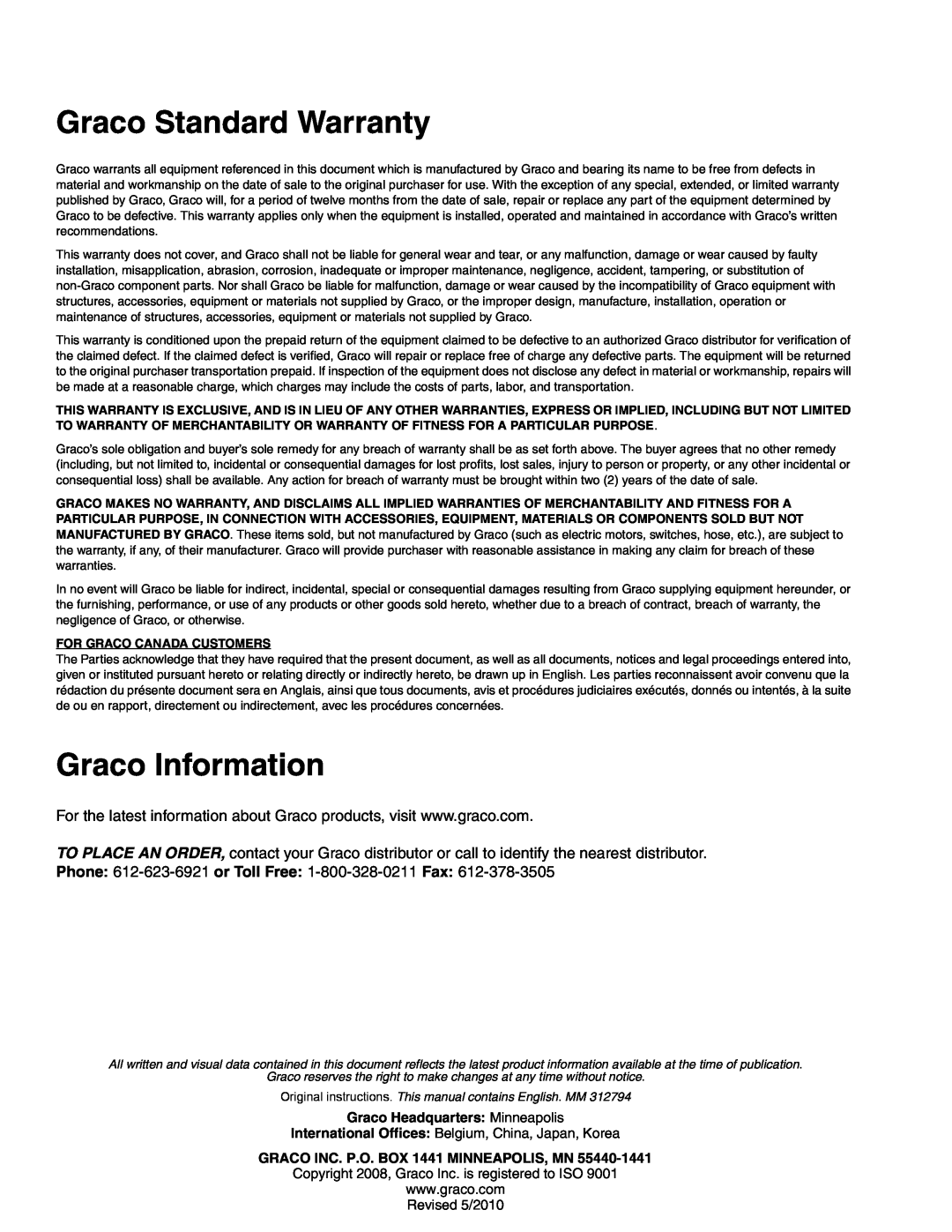 Graco 312794E important safety instructions Graco Standard Warranty, Graco Information, Graco Headquarters Minneapolis 