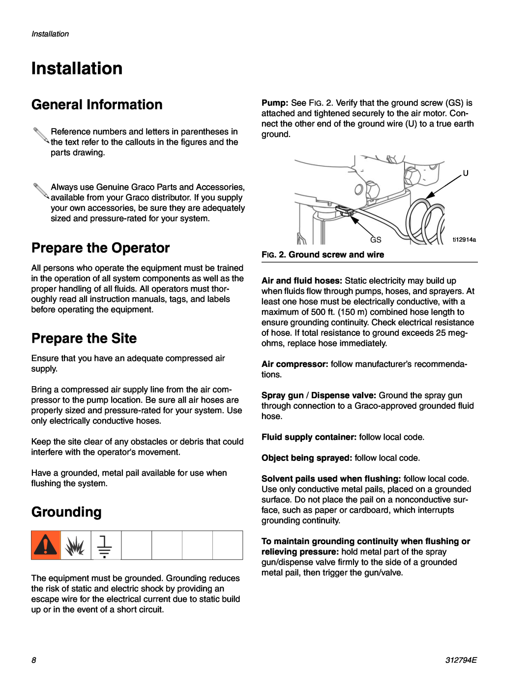 Graco 312794E Installation, General Information, Prepare the Operator, Prepare the Site, Grounding 