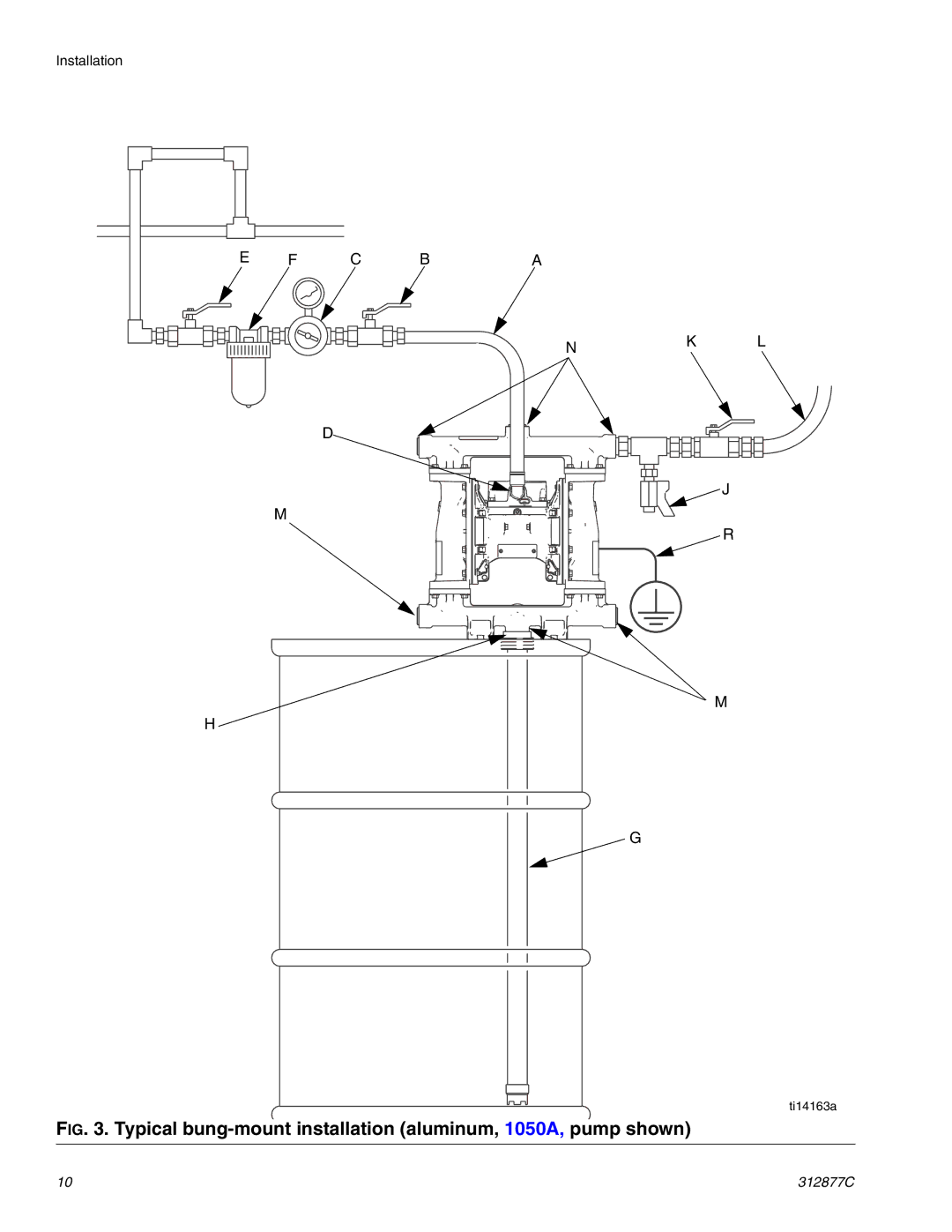 Graco 312877C important safety instructions Typical bung-mount installation aluminum, 1050A, pump shown 