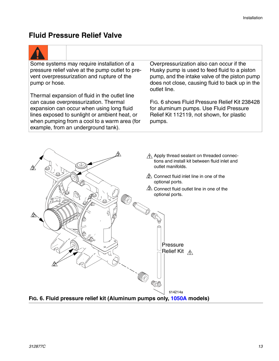 Graco 312877C Fluid Pressure Relief Valve, Fluid pressure relief kit Aluminum pumps only, 1050A models 