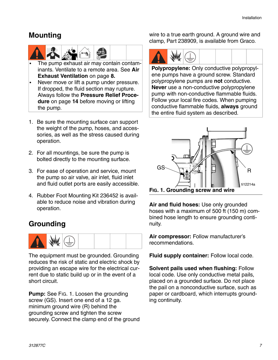 Graco 312877C important safety instructions Mounting, Grounding, Fluid supply container Follow local code 