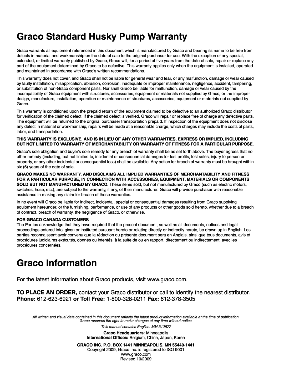 Graco 312877C Graco Standard Husky Pump Warranty, Graco Information, For Graco Canada Customers 