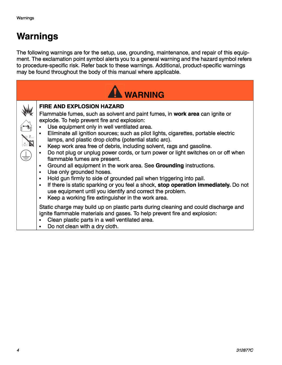 Graco 312877C important safety instructions Warnings, Fire And Explosion Hazard 
