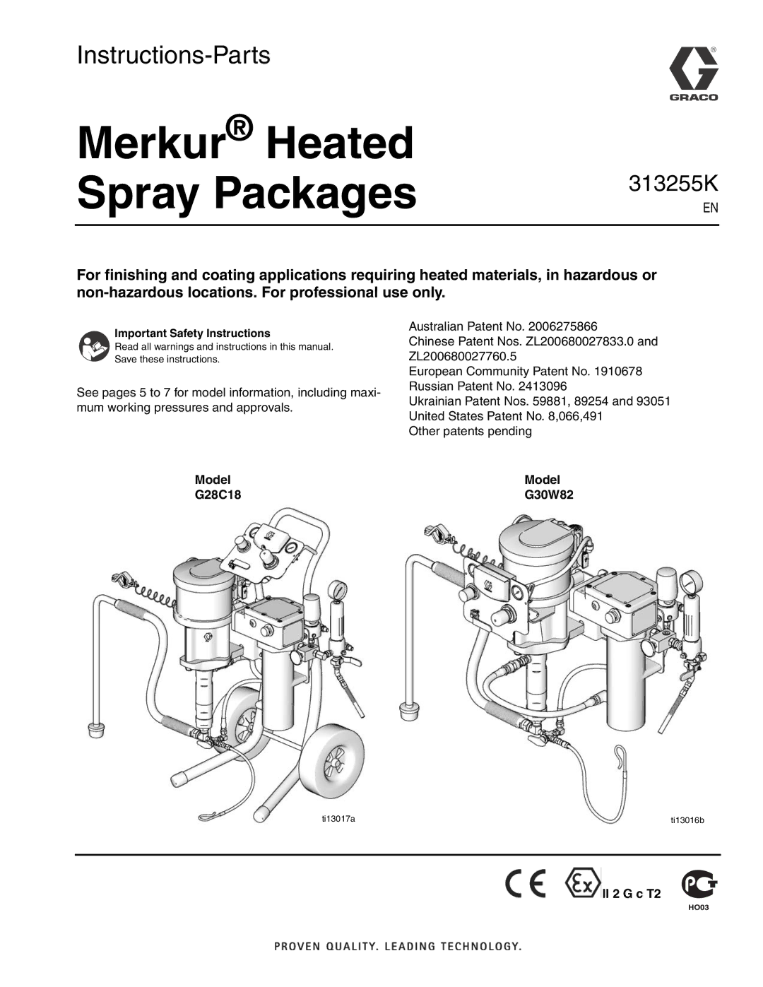 Graco 313255K important safety instructions Model G28C18, Model G30W82, Ll 2 G c T2 