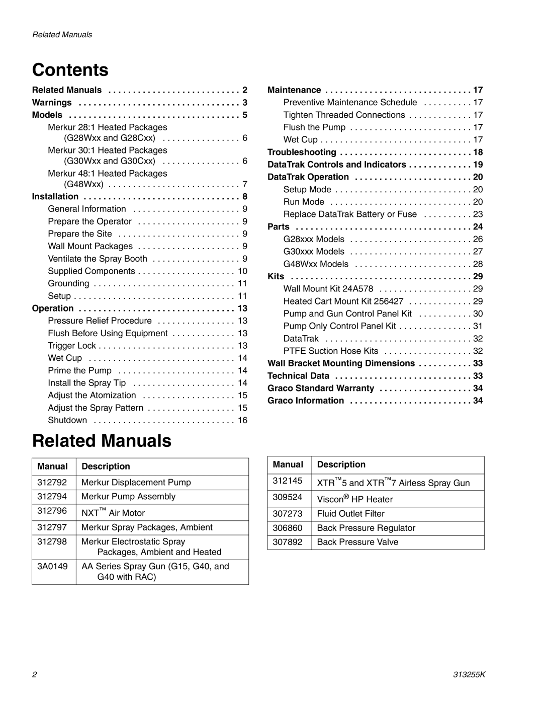 Graco 313255K important safety instructions Contents, Related Manuals 