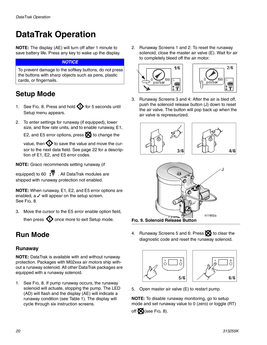 Graco 313255K important safety instructions DataTrak Operation, Setup Mode, Run Mode, Runaway 