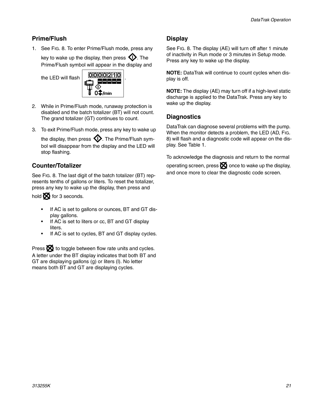 Graco 313255K important safety instructions Prime/Flush, Counter/Totalizer, Display, Diagnostics 