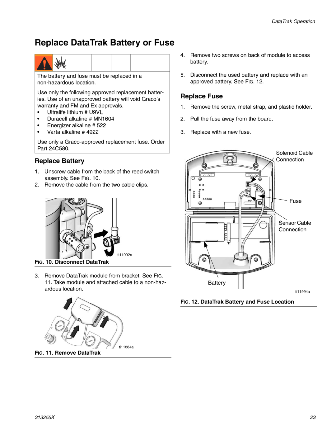 Graco 313255K important safety instructions Replace DataTrak Battery or Fuse, Replace Battery, Replace Fuse 