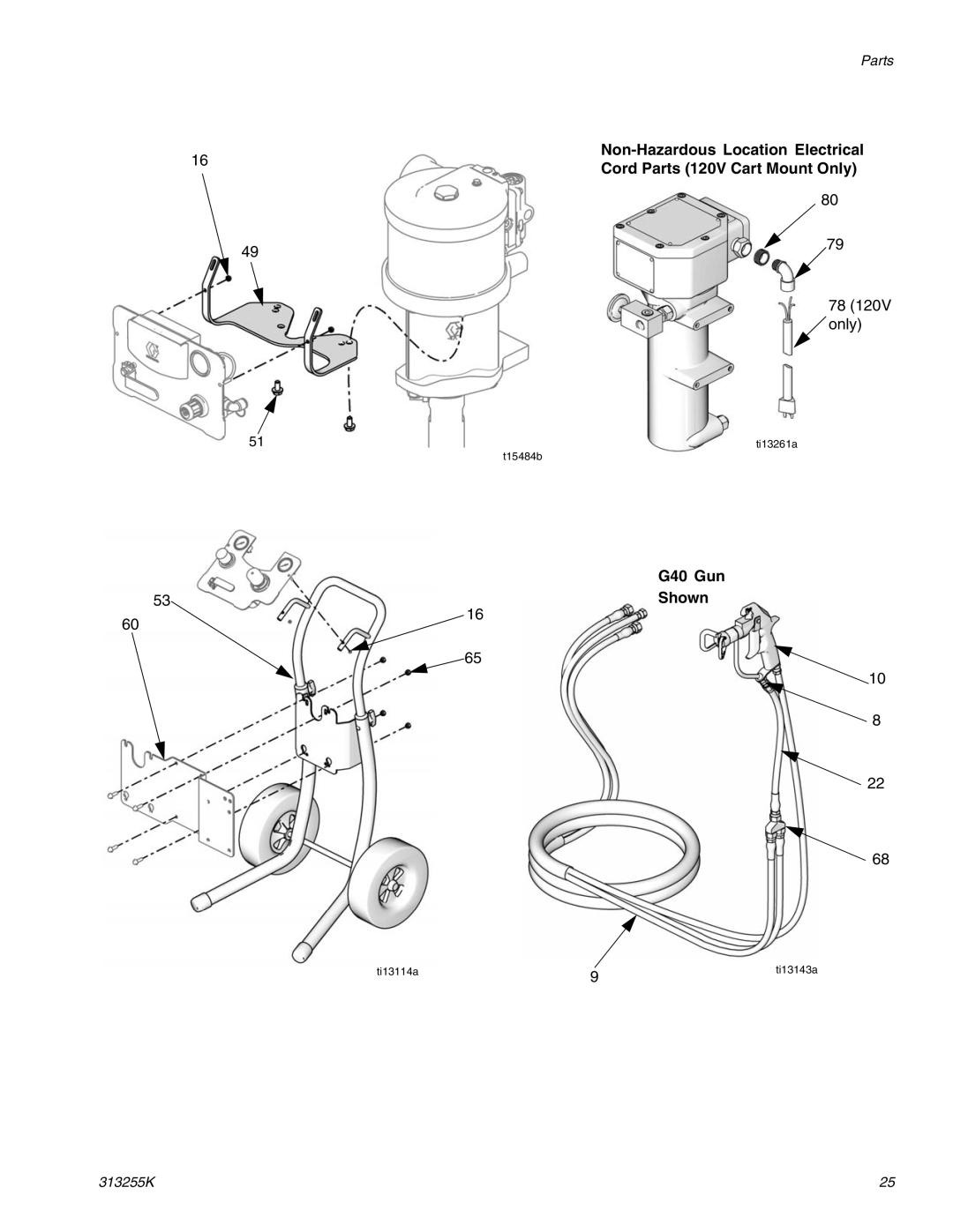 Graco 313255K important safety instructions Non-Hazardous Location Electrical, Cord Parts 120V Cart Mount Only, G40 Gun 