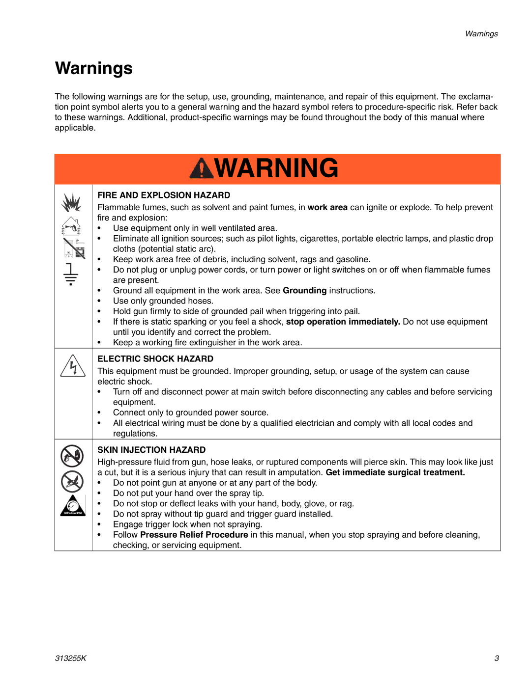 Graco 313255K important safety instructions Fire and Explosion Hazard 