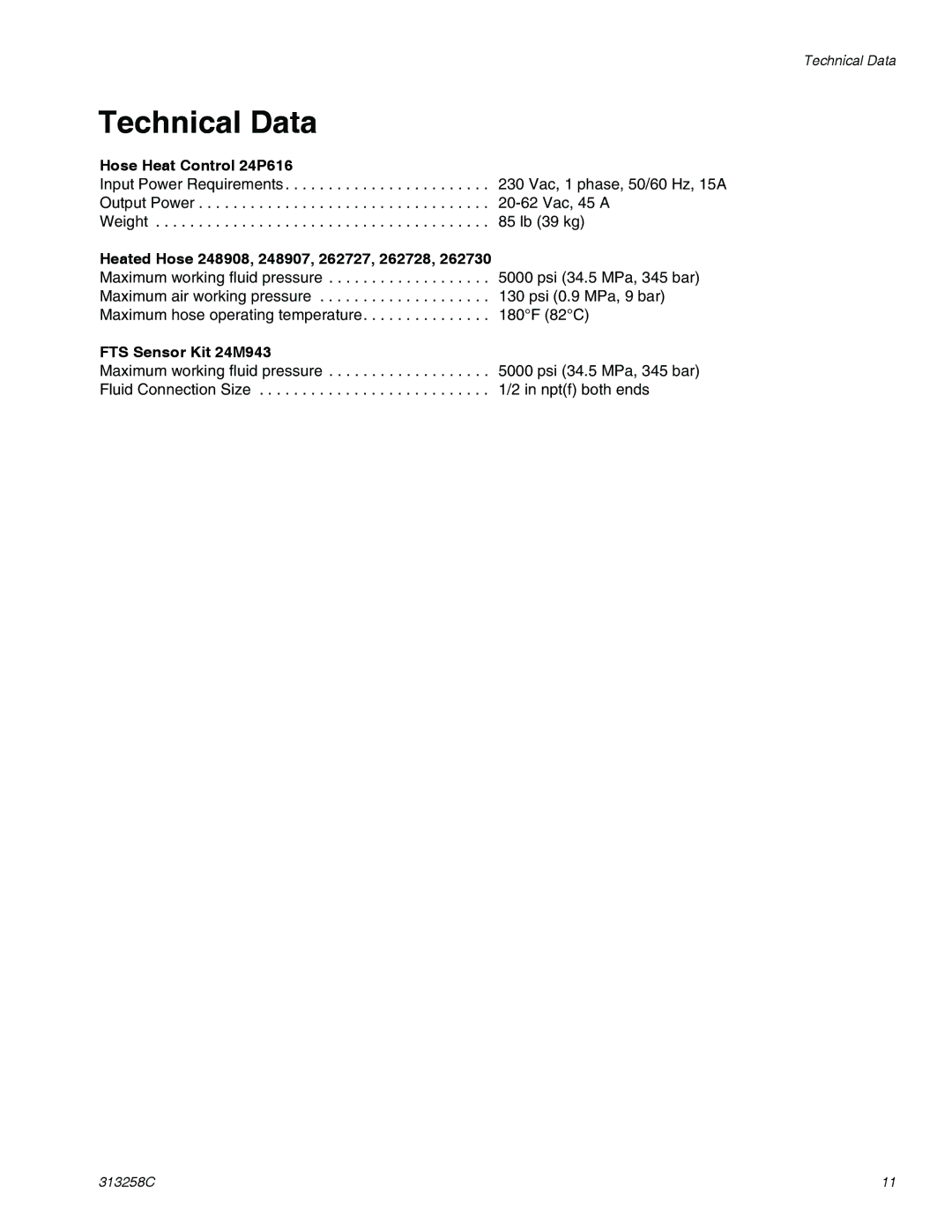 Graco 313258C Technical Data, Hose Heat Control 24P616, Heated Hose 248908, 248907, 262727, 262728, FTS Sensor Kit 24M943 