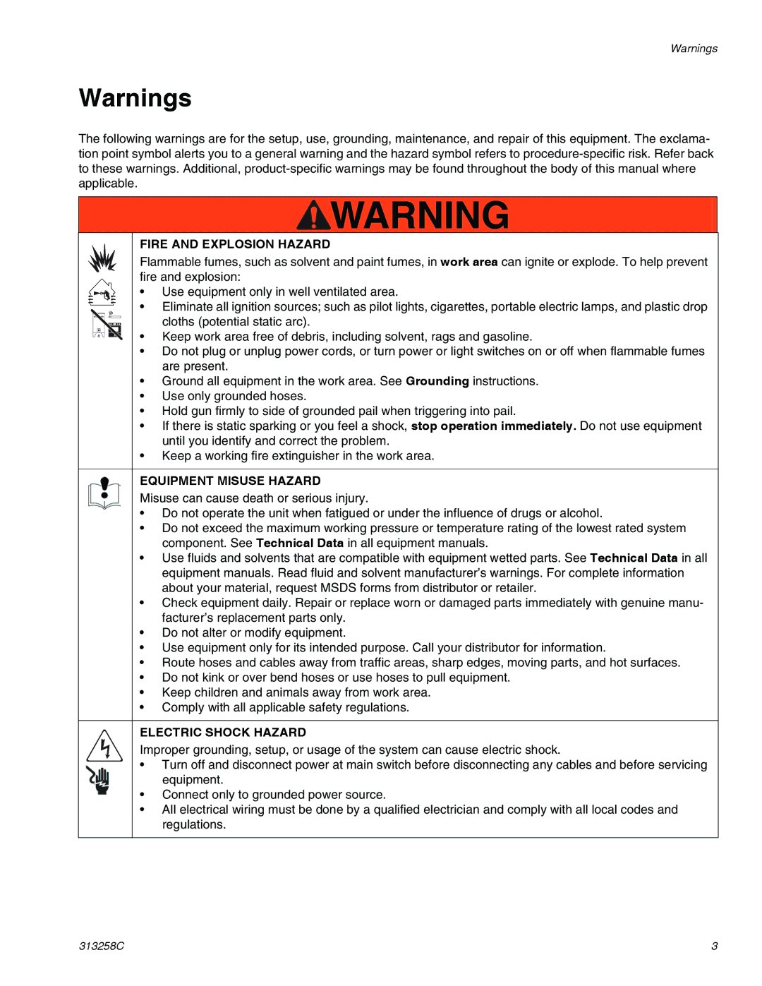 Graco 313258C important safety instructions Fire and Explosion Hazard 