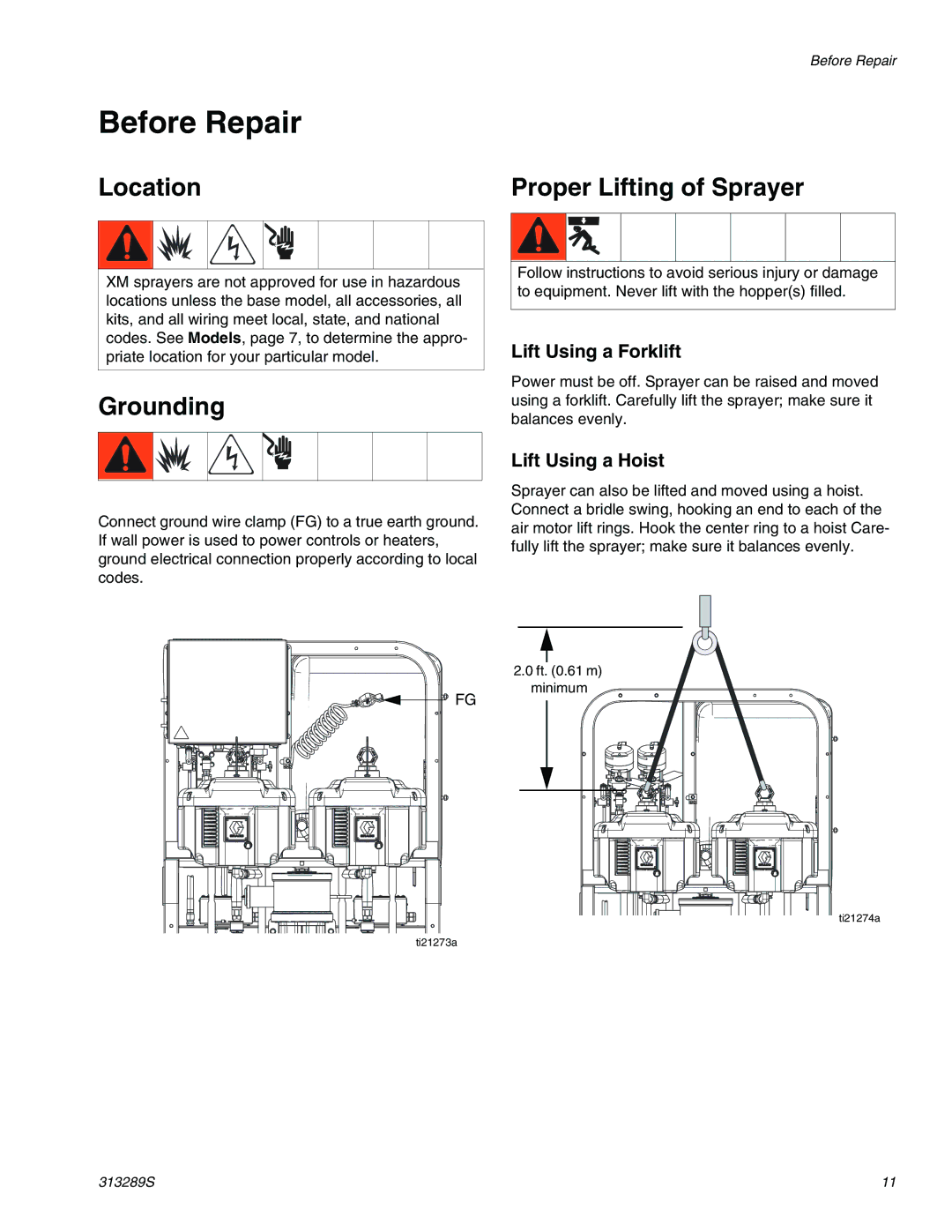 Graco 313289s Before Repair, Location Proper Lifting of Sprayer, Grounding, Lift Using a Forklift, Lift Using a Hoist 