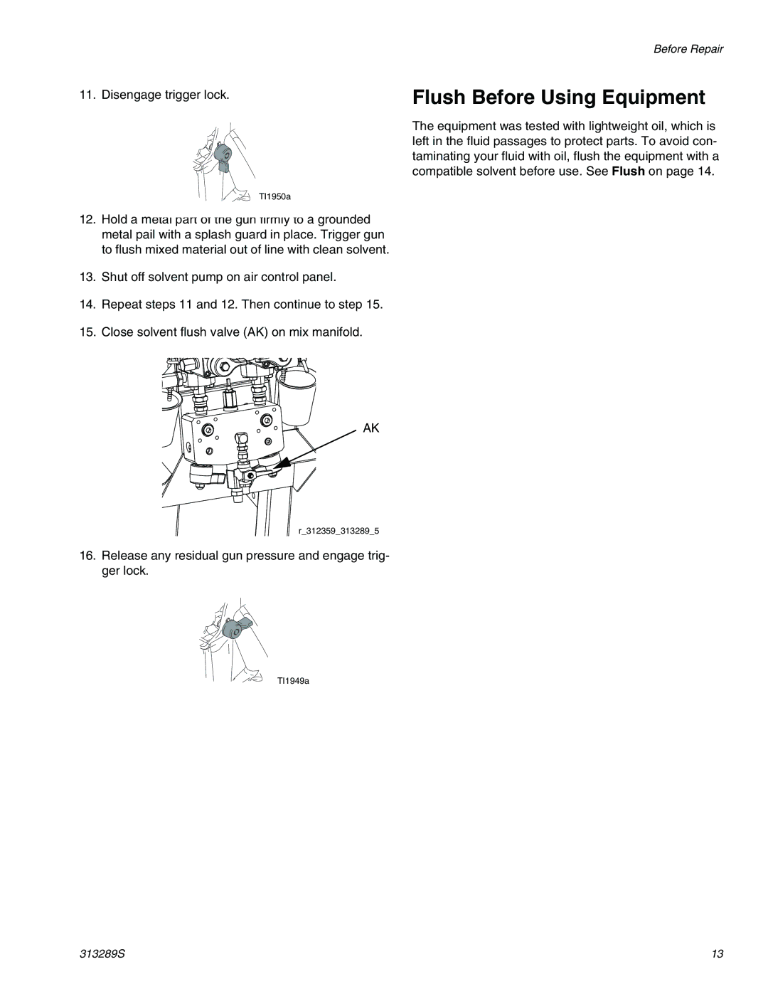 Graco 313289s important safety instructions Flush Before Using Equipment 