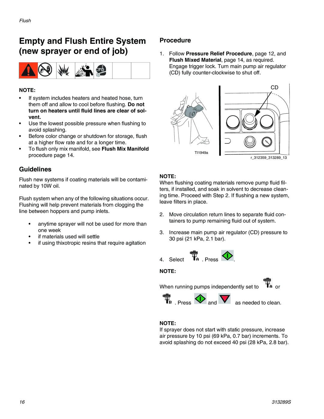 Graco 313289s important safety instructions Empty and Flush Entire System new sprayer or end of job, Procedure, Guidelines 