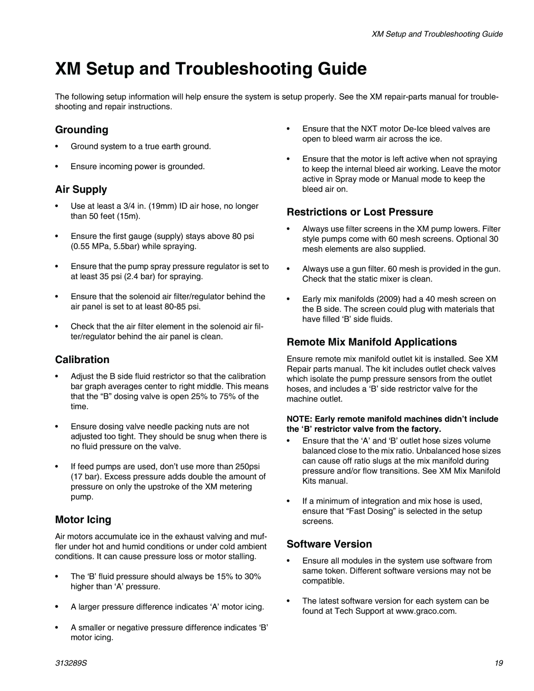 Graco 313289s important safety instructions XM Setup and Troubleshooting Guide 