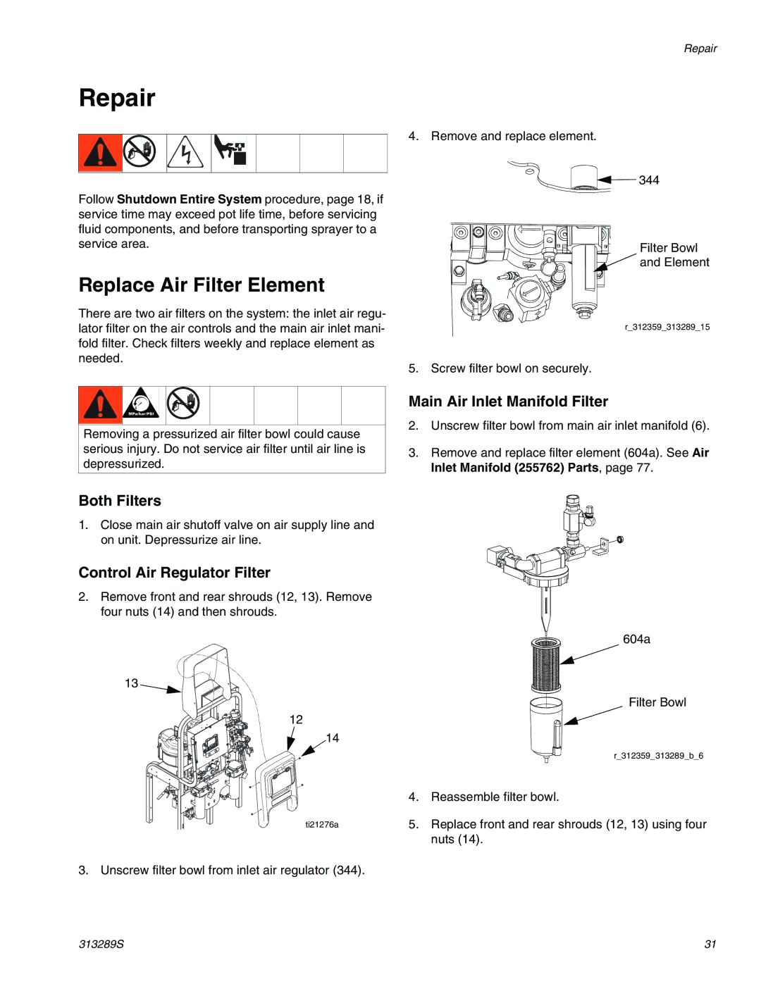 Graco 313289s Repair, Replace Air Filter Element, Main Air Inlet Manifold Filter, Both Filters 