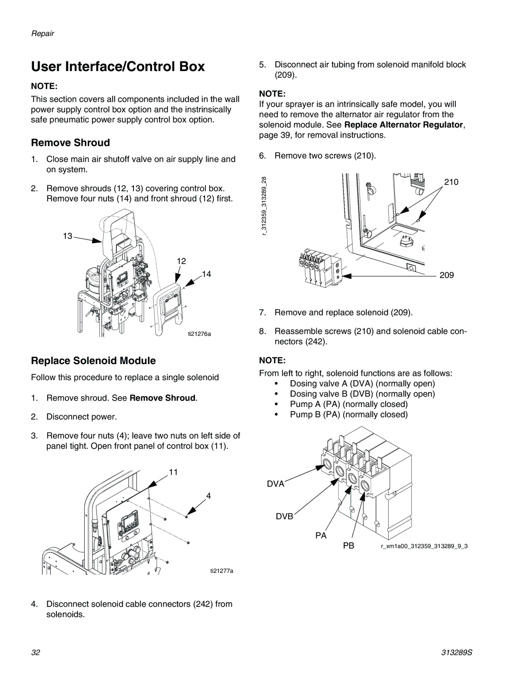 Graco 313289s important safety instructions User Interface/Control Box, Remove Shroud, Replace Solenoid Module, Dva Dvb 