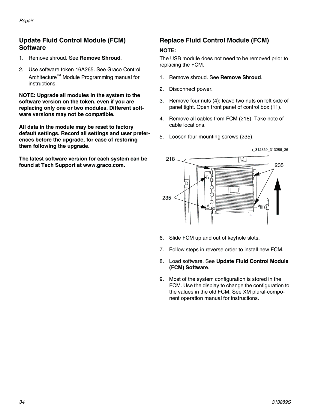 Graco 313289s important safety instructions Update Fluid Control Module FCM Software, Replace Fluid Control Module FCM 