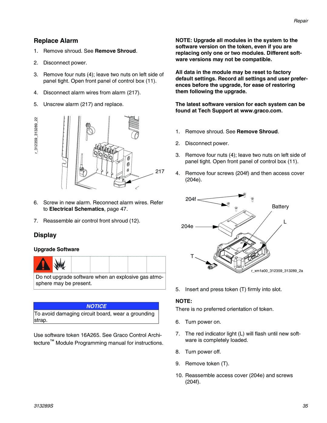 Graco 313289s important safety instructions Replace Alarm, Display, Upgrade Software 